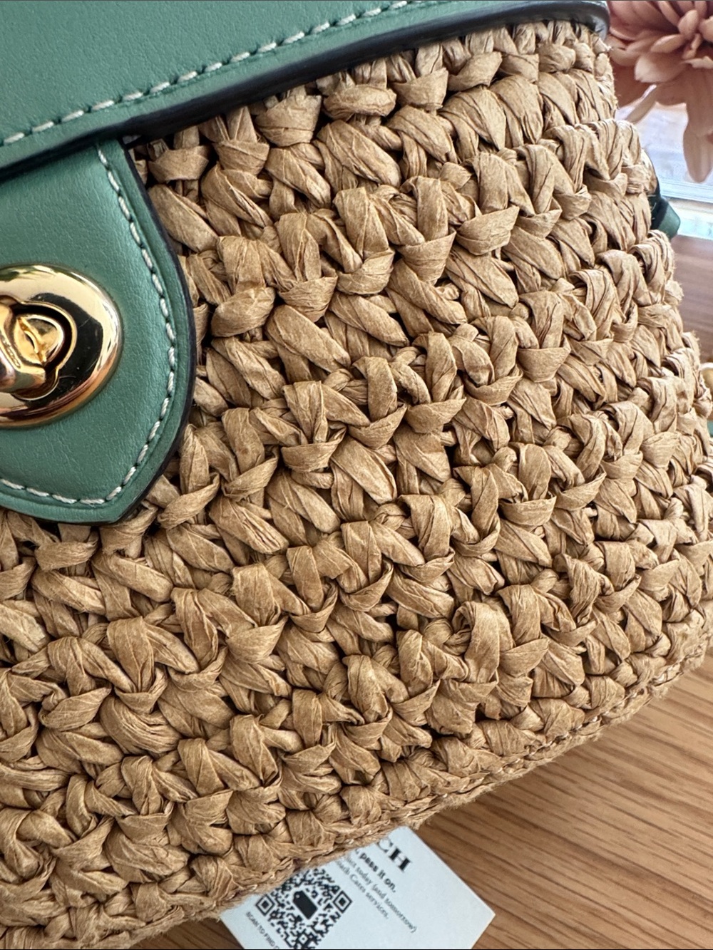 Coach Straw Crossbody with Green Leather Trim and Gold Hardware - Picture 3 of 7